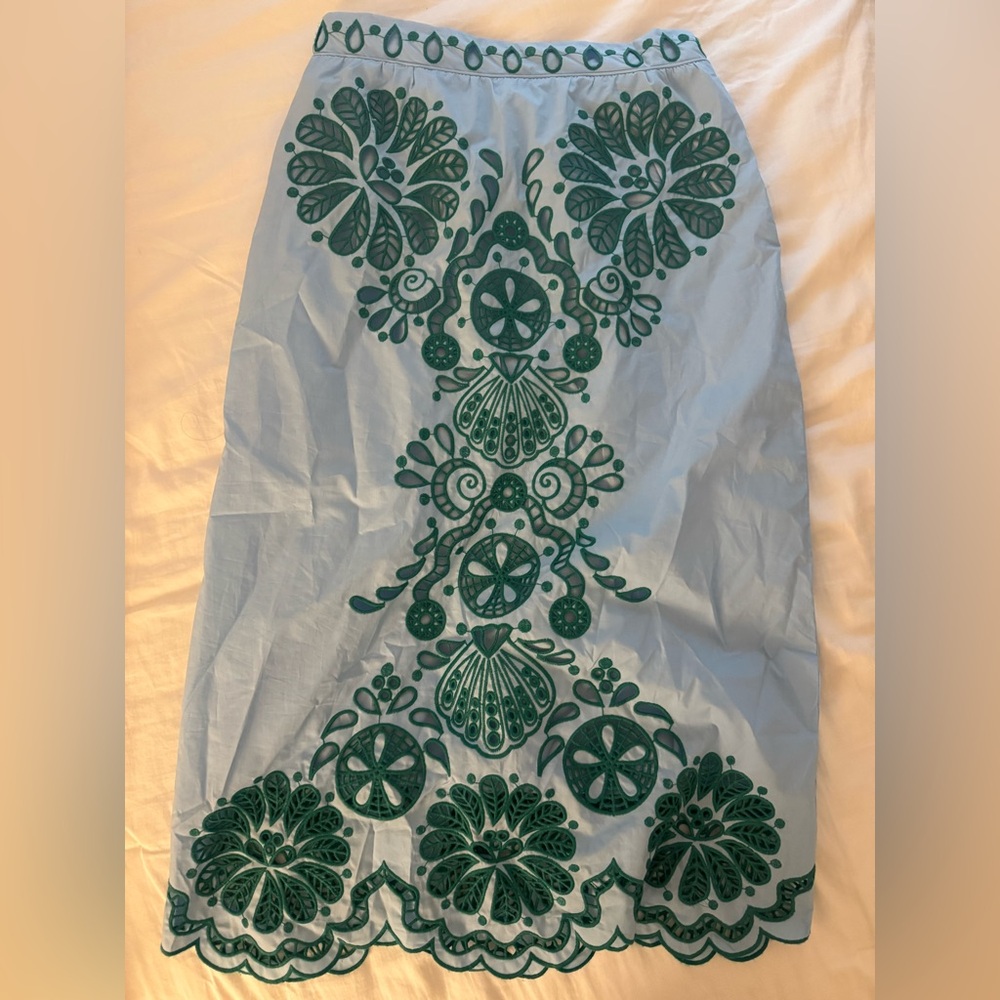 Farm Rio Light Blue and Green Graphic Richelieu Midi Skirt